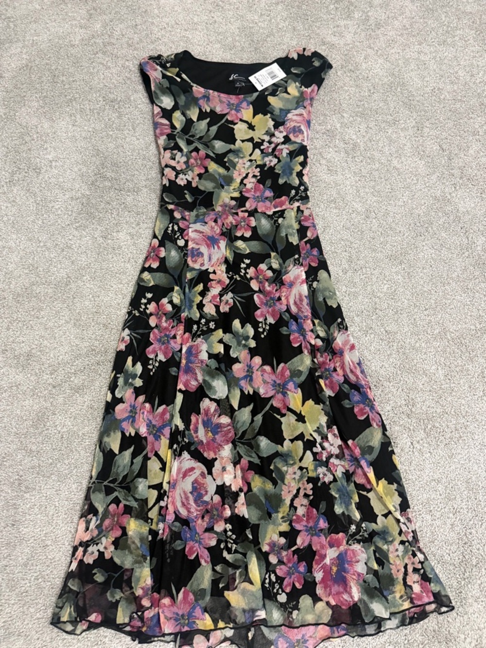 New Floral Fit & Flare Midi Dress in Black with Pink & Green Blooms